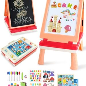 Elovien Foldable Art Easel for Kids, Double Sided with Chalkboard & Magnetic Dry Erase Board, Height Adjustable Desktop Easel, Educational Gift for Girls (Pink)