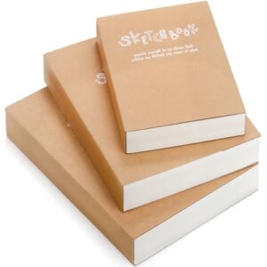 Elsjoy Set of 3 Kraft Sketchbook & Drawing Notebook, A5/A4/B5 Sketch Book Travel Journal Notebook with Thick Paper for Drawing & Sketching, 128 Sheets/256 Pages