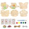 Elyebxj 24Pcs Spring Crafts for Kids, Unfinished Wood Painting Kit with Paints, Stickers, Bells & Pom Poms