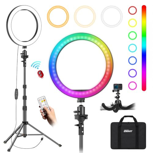 EMART 10" Ring Light with 51" Extendable Tripod Stand Phone Holder Wireless Bluetooth Remote,16 RGB Colors 13 Dynamic Modes & 10 Brightness Levels Selfie Ringlight for Phone Live Streaming Makeup