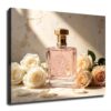 Embossed Floral Pink Perfume Bottle Cream White Rose Stone Background Canvas Wall Art Elegant Luxury Vanity Room Decor Canvas Fabric (20x27Inch Frame)