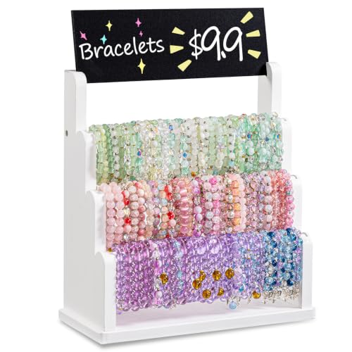 Emfogo Bracelet Holder with Advertising Board, 3 Tier Bracelet Organizer Stand Storage for Bracelets Bangles Watch Scrunchies, Rustic Wood Jewelry Display for Vendors, Craft Shows & Store (White)