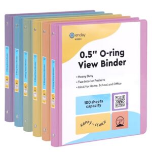 Enday 1/2 inch Binder 3 Ring Binder (6 Pack - Assorted Colors) O-Ring Binder with Clear View Cover and 2 Inside Pocket - for Letter Size 8.5 x 11'' Paper, Ideal for School Supplies, Office, and Home