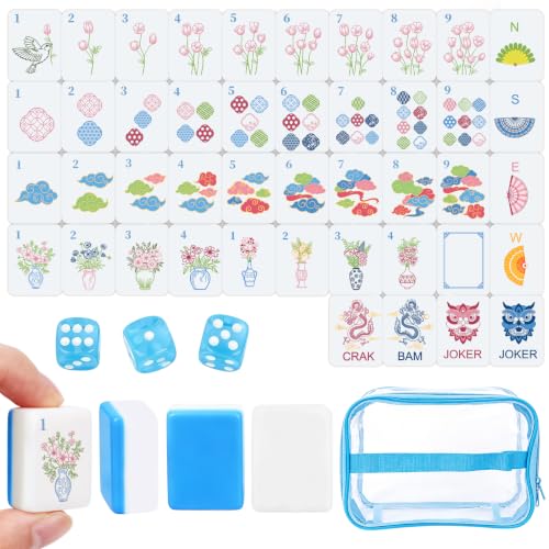 Entallor 166 American Mahjong Tile Set, 1.2" Mini Blue 3D Engraved Melamine Mahjong Tiles with Storage Bag & Dice, Travel Game for Adults, Friend & Family Game Night, Gifts for Mah-jongg Lovers