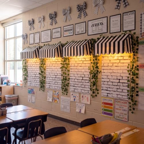 Epakh Back to School Classroom Awning Decor Kit, 4 Pack Black White Striped Bulletin Board Canopy with Brick Posters Grapevines Garlands Warm LED Lights for Teachers School Wall Chalkboard Decor