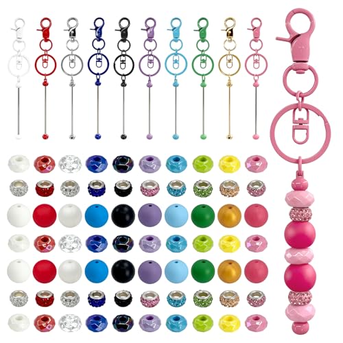 EQUNROY 80 Pcs Beadable Keychain Making Kit, 10 Pcs Beadable Keychain Bars with 70 Pcs Bubblegum Beads & Spacer Beads, DIY Craft Supplies Jewelry Making Party Favors Gift