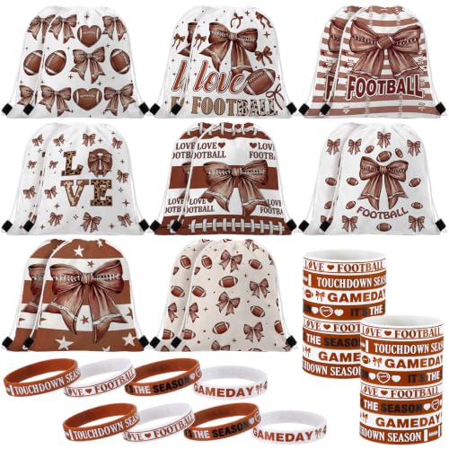 Equsion 32 Pcs Football Bow Party Favors Set 16 Drawstring Goodie Bags 16 Silicone Wristband Snack Treat Candy Bags Motivational Bracelets Sports Birthday Party Supplies Decorations