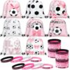 Equsion 32 Pcs Pink Bow Soccer Party Favors Set 16 Drawstring Goodie Bags 16 Silicone Wristband Snack Treat Candy Bags Motivational Bracelets Sports Birthday Party Supplies Decorations