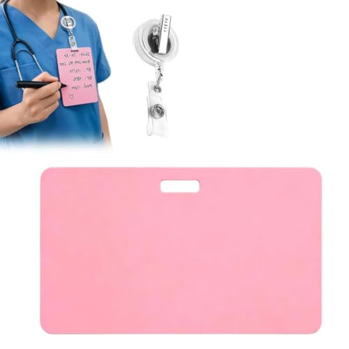 Erasable Badge Note for Nurses – Silicone Reusable Notepad Badge Set, Write & Wipe Pocket Notebook with Pen, Alcohol-Cleanable MCAT Erasable Notepad, Lightweight Horizontal Pink Badge Reel Notepads
