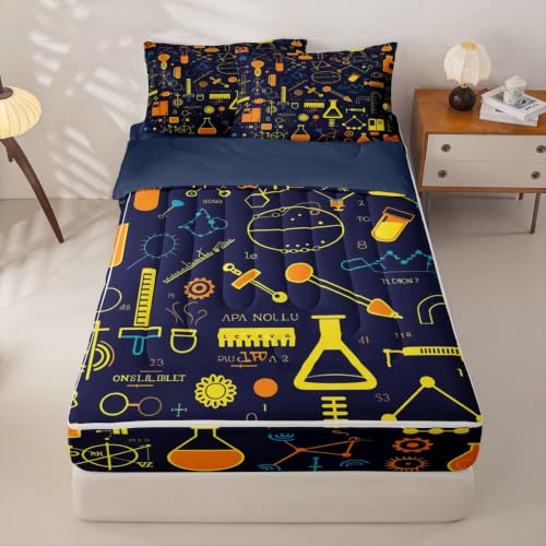 Erosebridal Chemistry All Season Zip Up Bedding Twin,Lightweight Chemical Equation Test Tube Science Comforter with Fitted Sheet & Pillowcases,Breathable Kids Bed in a Bag for Summer Winter