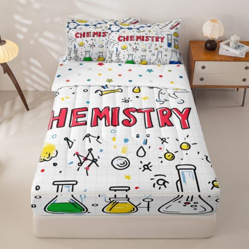 Erosebridal Chemistry Chemical Zipper Bedding Full Equation Science Test Tube Zip Up Bedding Set for Boys and Kids,4 Pcs Comforter Bed in a Bag with Fitted Sheet and 2 Pillowcases