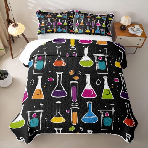 Erosebridal Chemistry Twin 2 Piece Quilt Set,Soft Lightweight Bedspread Coverlet with Pillowcase,Colorful Chemical Test Tube Science Bedding Housewarming Gift for Bedroom Decor Quilted Blanket