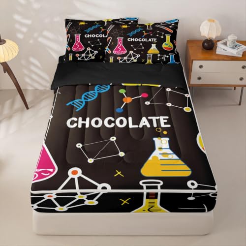 Erosebridal Chemistry Zipper Bedding Queen Chemical Equation Test Tube Microscope Zip Up Bedding Set for Boys and Kids,Bed in a Bag Comforter with Fitted Sheet and 2 Pillowcases