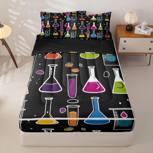 Erosebridal Chemistry Zipper Bedding Twin - 4 Piece Zip Up Comforter & Fitted Sheet Set with 2 Pillowcases,Colorful Chemical Test Tube Science All Season Lightweight Bed in a Bag for Boys & Girls