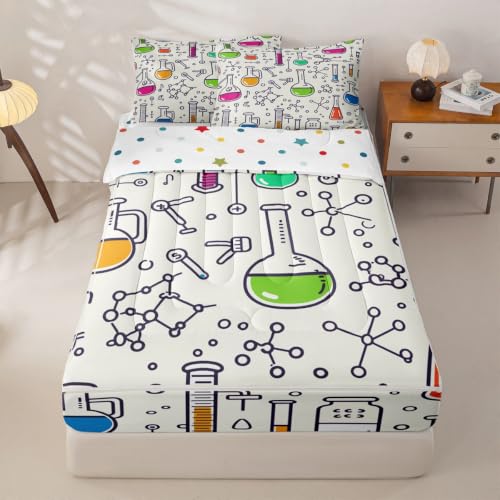 Erosebridal Chemistry Zipper Bedding Twin - 4 Piece Zip Up Comforter Set with Fitted Sheet & Pillowcases,Molecule Chemical Test Tube Chemical Equation Bed-in-a-Bag Set for Bunk Beds & RV Easy Make