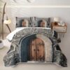 Erosebridal Medieval Door Quilt Knight Castle Door Quilt Set King Stone Tower Castle Coverlet Medieval Knight Theme Quilted Bedspread with 2 Pillowcases