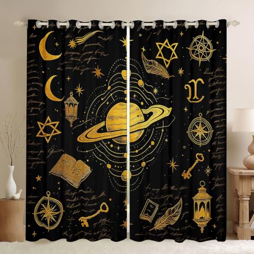 Erosebridal Vintage Celestial Blackout Curtains Space Science Galaxy Retro Key Window Curtains 42" Wx90 L Boho Mystic Star Occult Window Treatments Drapes for Room Books Light 2 Panel Sets Decor