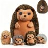 Erriosa 12 Inch Hedgehog Stuffed Animal with 4 Babies in Zippered Belly