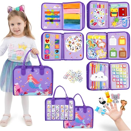 Esjay Toddler Busy Board, Montessori Toys Busy Book, Sensory Board Birthday Gifts for 3+ Years Old Girls Boys, Learning Educational Toy for Fine Motor Skills, Travel Activities for Airplane Car