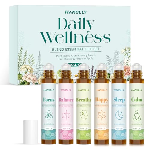 Essential Oil Roll On Set (Breathe, Focus, Sleep, Calm, Happy, Balance), Natural Aromatherapy Roll On for Massage, Body Skin Care,Self Care Gifts for Women & Men,Wellness Blends Roller Ball Kit