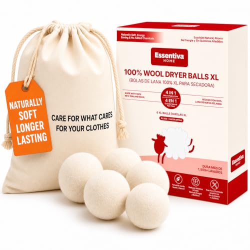 Essentiva Home Wool Dryer Balls XL 6 Pack, Laundry Dryer Balls Reusable 100% New Zealand Wool, Natural Fabric Softener Anti Static Non Toxic, Organic Dryer Balls for Sensitive Skin and Baby Clothes
