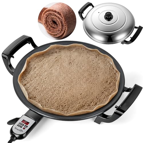 Ethiopian 18.5" Injera Maker Mitad (Mogogo), Electric Griddle with Adjustable Temperature & Time, Non-Stick Surface for Norwegian Lefse, Swedish Pancake, Indian Dosa, Knob Handle