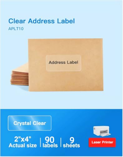 ETIKEZ 2" x 4" Clear Address Labels, Shipping Address Labels for Laser Printers, Compatible with 8663, 5663, 6522, 18663, Waterproof Label, Easy to Peel (90 Labels, 9 Sheets), APLT10