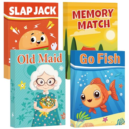 Etyishe Card Games for Kids Toddlers, Go Fish, Old Maid, Slap Jack and Memory Match, 4 Decks in 1 Pack, Fun Educational Gard Games for Family Game Night Table Games, Great Stocking Stuffers