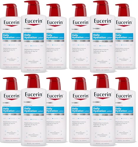 Eucerin Daily Hydration Body Lotion for Dry Skin, Unscented Body Moisturizer with Sunflower Oil and Pro-Vitamin B5, 16.9 Fl Oz Bottle (Pack of 12)