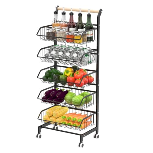 euppaury 5-Tier Utility Kitchen Cart Storage, Fruit Vegetable Basket, Rolling Utility Carts, Metal Wire Storage Basket Cart for Fruit Potato Onion Vegetable Snack Produce, Black Black