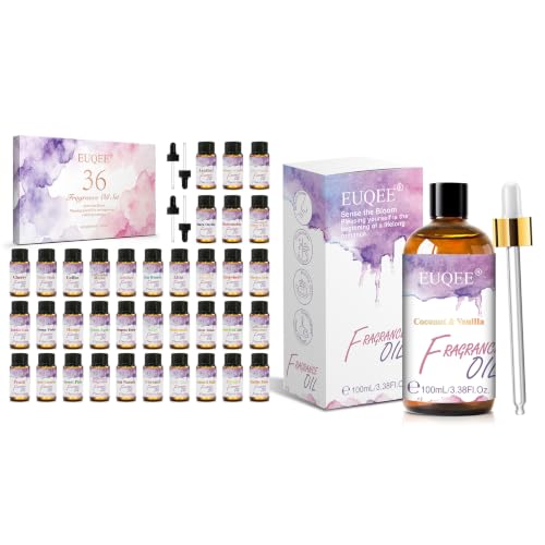 EUQEE 36Pcs Fragrance Oil Set+EUQEE 100ML/3.38 Fl Oz Coconut & Vanilla Fragrance Oil with Glass Dropper, Essential Oil for Diffuser for Home, Yoga, Long Lasting Scented Oil for Candle Making