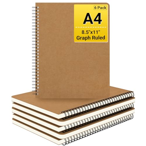 EUSOAR Graph Notebook Spiral, Large A4 6Packs 8.5"x11" 120 Pages Graphing Notebook, Hardcover Spiral Grid Graph Paper Notebook Composition for Math Science Engineering Artist Drawing-Kraft