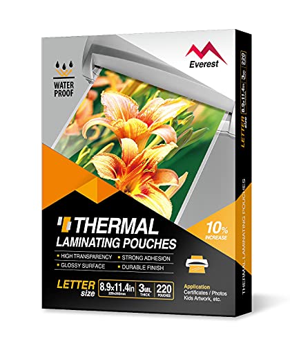 Everest Thermal Laminating Sheets, 220 Pack, 8.9 x 11.4 Inches, 3 Mil Thick(80 Mic),Letter Size Lamination Pouches for Use with Laminator, Clear