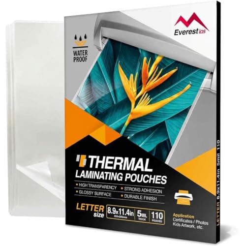 Everest Thermal Laminating Sheets, 8.9 x 11.4 Inches, 5 Mil Thick, 110 Pack, Non-Toxic Material and Adhesive, Letter Size Laminated Pouches for Documents, Clear (TH0500-03)