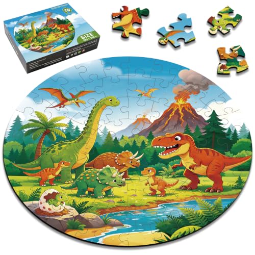 EVERJOYCRAFT 70 Piece Round Large Dinosaur Floor Puzzles Hands-On Learning Educational Jigsaw Puzzles Prehistoric Dino Volcanoes Floor Puzzle Christmas Birthday Easter Gift for Dinosaur Lovers