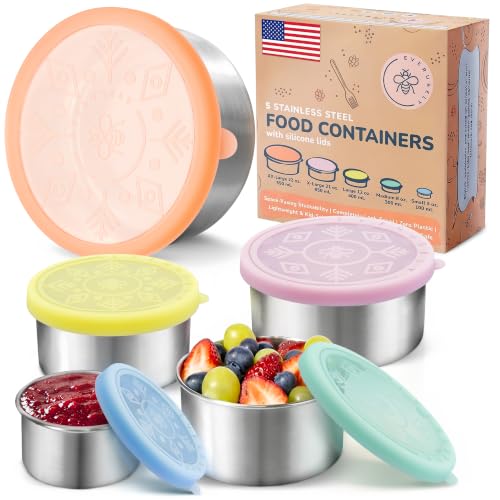 Everusely - Stainless Steel Food Containers with Lids - Set of 5, Sorbet Collection - Airtight Stainless Steel Food Storage - Meal Prep Nesting Snack Holders - Metal Lunch Box - Portable & Reusable