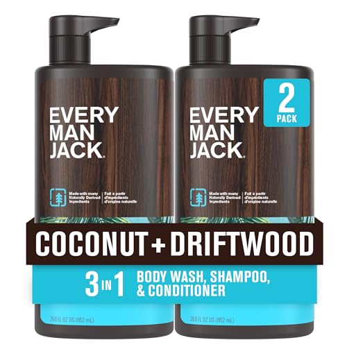 Every Man Jack Men’s 3-in-1 All Over Wash for All Skin and Hair Types - Cleanse and Nourish Skin, Hair with Naturally Derived Soy Proteins, Aloe - Coconut + Driftwood Scent - 28.8 fl. oz - 2 Pack