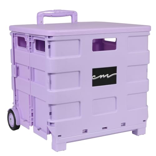 Everything Mary Collapsible Rolling Craft Cart with Lid – Folding Storage Crate on Wheels with Telescoping Handle for Crafts, Sewing, School, Teachers, Office & Home Organization (Purple)