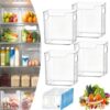 EWAHBBX Crystal Clear Freezer Storage Bins, Clear Plastic Organizer Bins with Handles, Stackable Plastic Fridge Organizers, Freezer Bin for Frozen Food, Meat & Veggies (4*S)