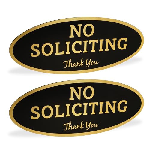 ExcelMark No Soliciting Sign for House or Business – Durable Indoor/Outdoor Sign – Easily Attach to Front Door - UV and Weather Resistant (Small - 2"x 5", Black with Gold Letters) (Pack of 2)
