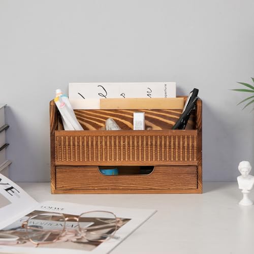 ExoLiry Rustic Brown Wood Desktop Stationery Organizer Mail Sorter Office Supplies Multiple Compartments Bottom Storage Drawer Wooden Caddy Pencil Holder Pen Scissors Tabletop Home Studio Workstation