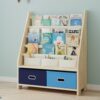 EXPERLAM 4 Tier Kids Bookshelf with Storage Bins, Solid Wood Toddler Book Shelf and Toy Organizer, Sling Book Rack for Kids Room, Nursery, Playroom, Blue