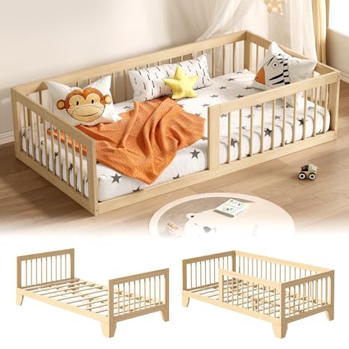 EXPERLAM Montessori Toddler Bed, Variable Twin Floor Bed Frame with Removable Guardrails and Legs, Low Wooden Kids Bed with 10 Slats and Supporting keel, Crib-to-Bed Transition for Bedroom or Nursery