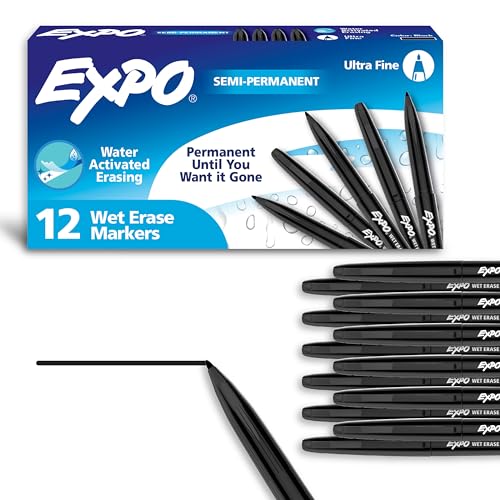 EXPO Wet Erase Markers, Semi-Permanent, Black, Ultra Fine Tip,For Writing on Glass, Whiteboards, Mirrors, Calendar, Labeling, Organizing 12 Count (Pack of 12)