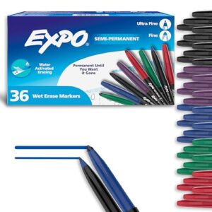 EXPO Wet Erase Markers, Semi-Permanent, Fine and Ultra-Fine Tips, 36 Count - For Writing on Glass, Whiteboards, Mirrors, Calendar, Labeling, Organizing