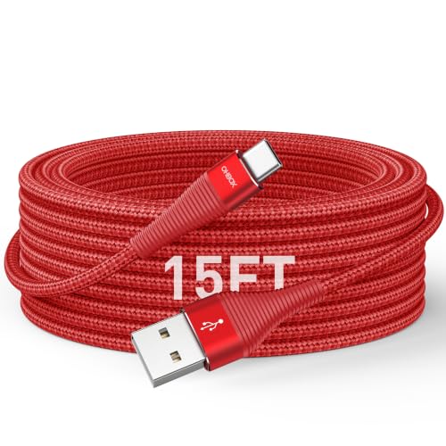 Extra Long USB C Cable 15FT, USB A to USB C Cable Fast Charging Cord Braided Type C Charger for iPhone 17 Pro Max, 16 15, iPad Pro,Air,Mini, Samsung, Pixel, Moto, Android Phones & Tablets - Red