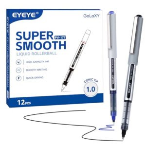 EYEYE Rollerball Pens 1.0mm, 12 Pack (6 Black 6 Blue) Roller Ball Pen Quick Dry, Liquid Ink Pens Bold Point Smooth Writing Pen for Journaling, Note Taking, Office, School Supplies