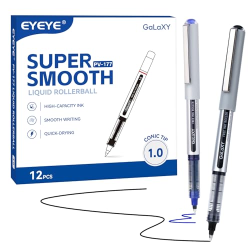 EYEYE Rollerball Pens 1.0mm, 12 Pack (6 Black 6 Blue) Roller Ball Pen Quick Dry, Liquid Ink Pens Bold Point Smooth Writing Pen for Journaling, Note Taking, Office, School Supplies