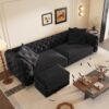 Eyisean 97.7" 3-in-1 Convertible Queen Sleeper Sofa with Ottoman, Button Tufted Pull Out Sofa Bed, Vintage Deep Seat 4 Seater Velvet King Size Couch Bed for Apartment Small Space Living Room（Black）