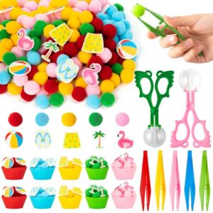 EZdhuawuse Summer Sensory Bin Fillers - 268Pcs Summer Beach Fine Motor Toys Counting Sorting for Kids, Felt Beach Ball Palm Tree Pom Poms Cup Clip for Preschool Education Birthday Gift Party Favors